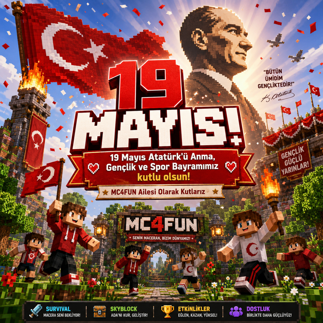 19 Mayıs Atatürk’ü Anma, Gençlik ve Spor Bayramı Kutlu Olsun | MC4FUN Minecraft Sunucusu görseli